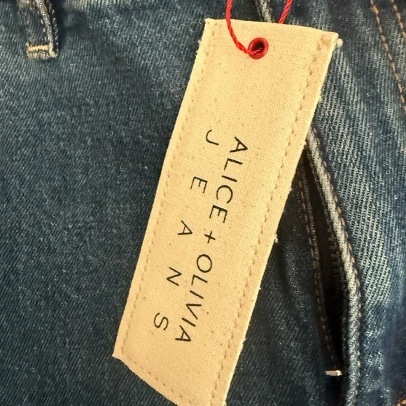 Alice + Olivia Faux Leather Patchwork High Rise Blue Flare Jeans - Picture 5 of 9